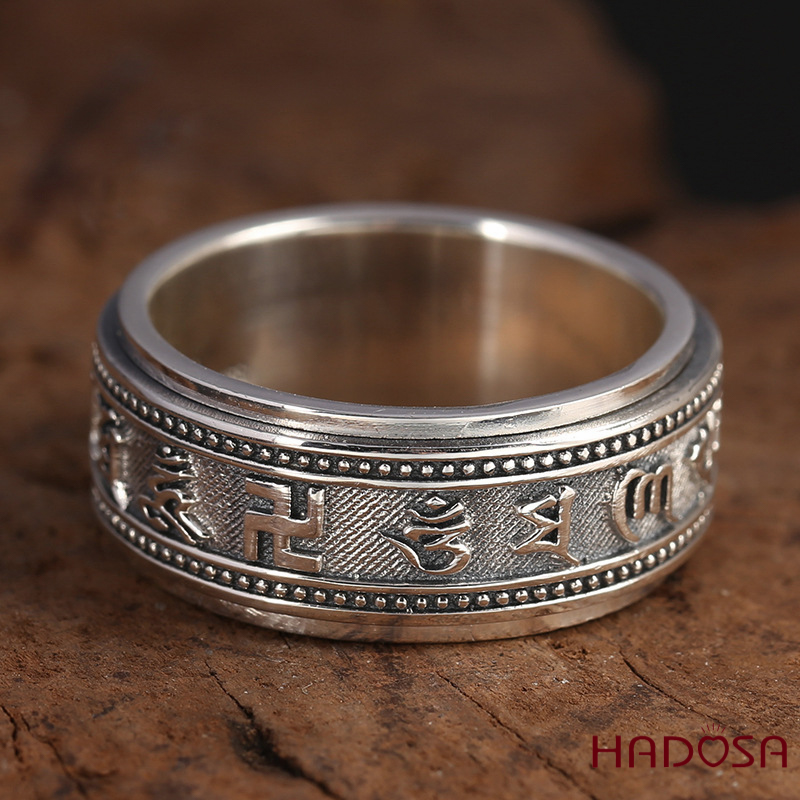 Nhẫn bạc Thái Om mani Padme hum xoay