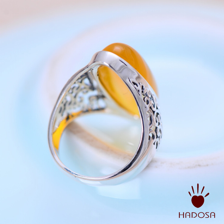 Nhẫn bạc Thái 925 đá Chalcedony vàng size 13