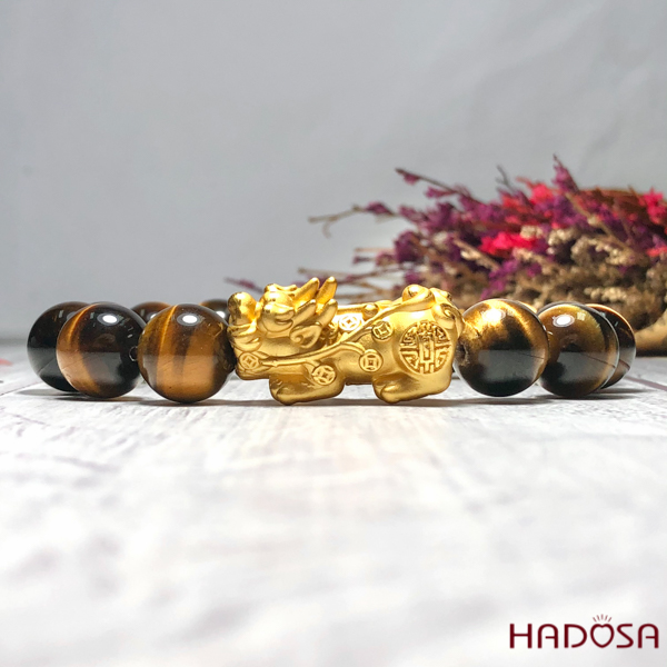 Vòng Thạch Anh Mắt Hổ vàng nâu 12mm Tỳ Hưu bạc mạ vàng