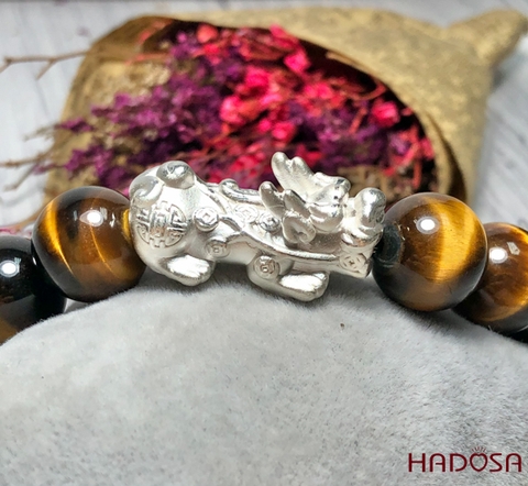 Vòng Thạch Anh Mắt Hổ vàng nâu 14mm mix tỳ hưu bạc