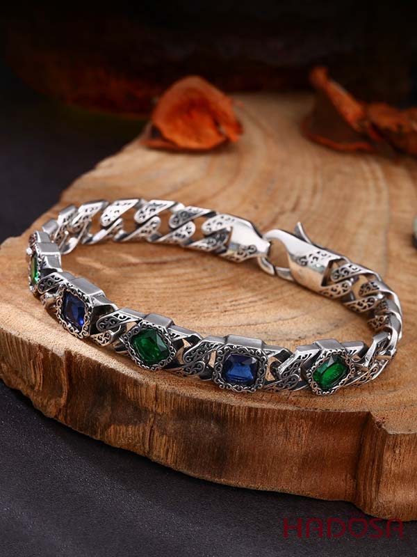 Lắc Tay Nam Bạc Thái Mắt Xích Khảm Đá Phong Thủy