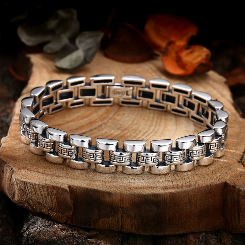 Lắc tay bạc Thái nam bản lớn họa tiết Vạn Lý Trường Thành