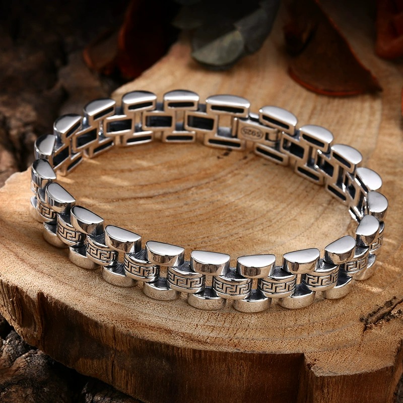 Lắc tay bạc Thái nam bản lớn họa tiết Vạn Lý Trường Thành