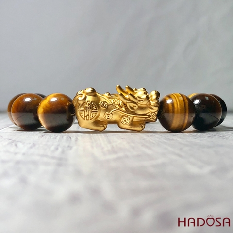 Vòng Thạch Anh Mắt Hổ vàng nâu 14mm mix tỳ hưu bạc mạ vàng