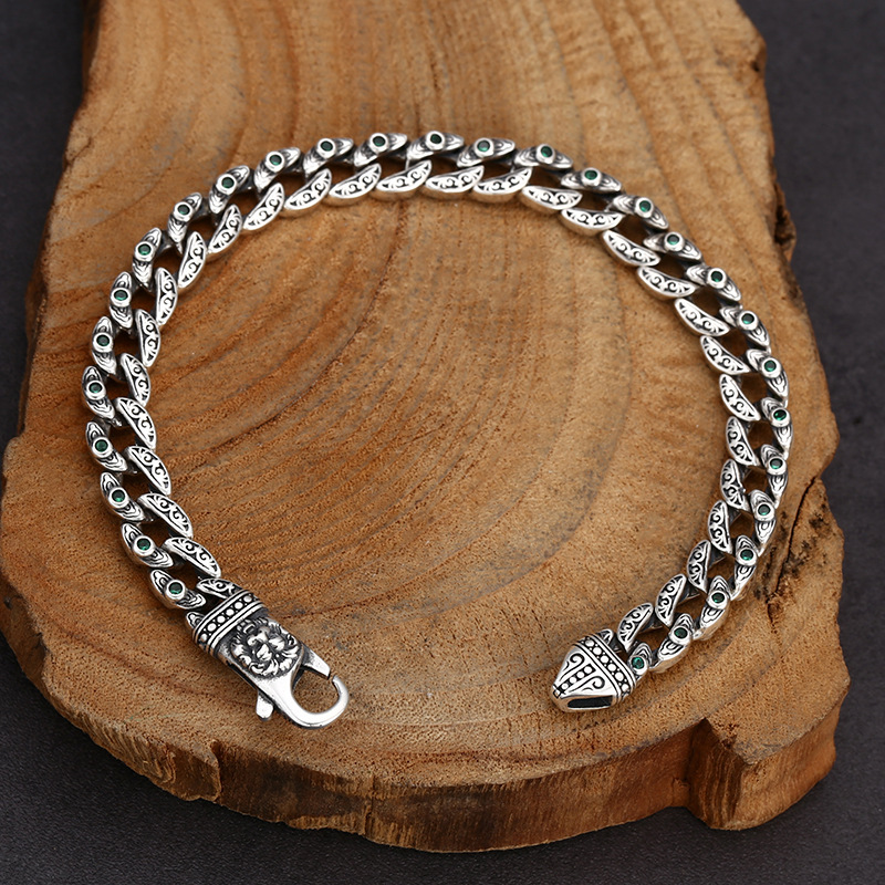 Lắc Tay Bạc Thái Nam Chuỗi Mắt Xích Họa Tiết Hộ Nhãn