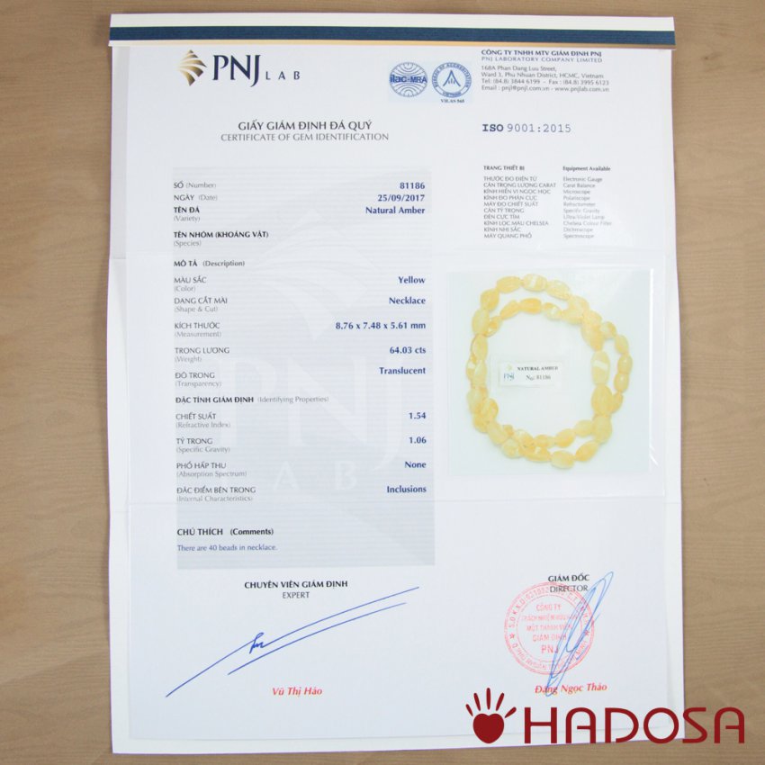 Vòng cổ Hổ Phách Baltic vàng tươi hạt 5.5x8.5mm cao cấp Haodsa