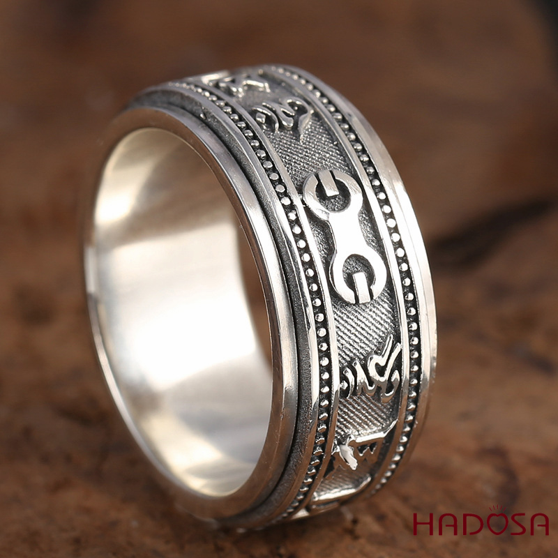 Nhẫn bạc Thái Om mani Padme hum xoay