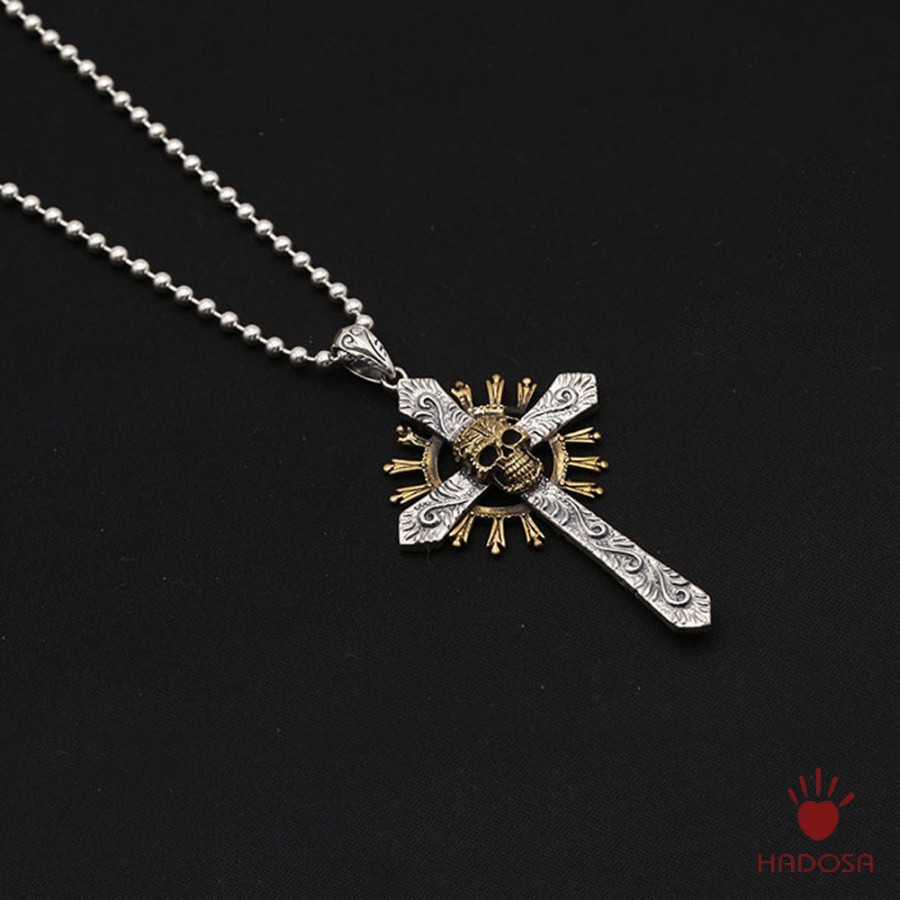 Mặt Dây Chuyền Nam Bạc Thái Thánh Giá Đầu Lâu Hào Quang