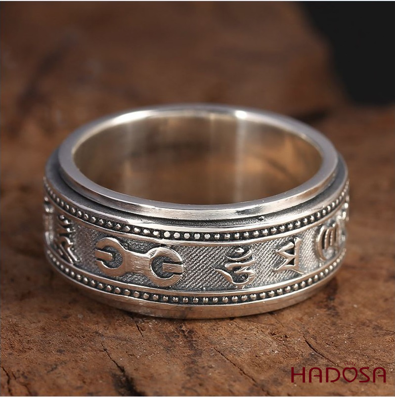 Nhẫn bạc Thái Om mani Padme hum xoay