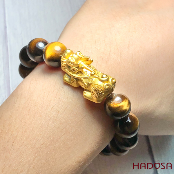 Vòng Thạch Anh Mắt Hổ vàng nâu 12mm Tỳ Hưu bạc mạ vàng