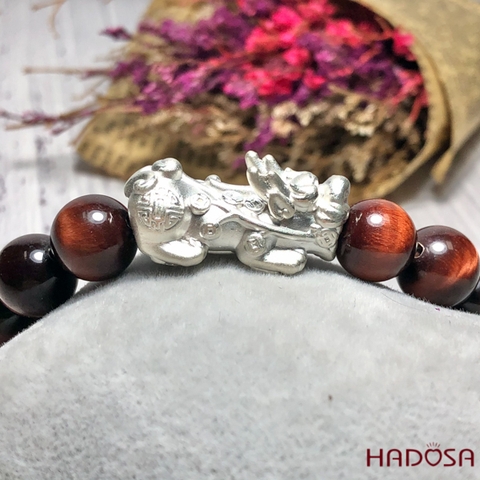 Vòng thạch anh mắt hổ nâu đỏ 10mm mix tỳ hưu bạc