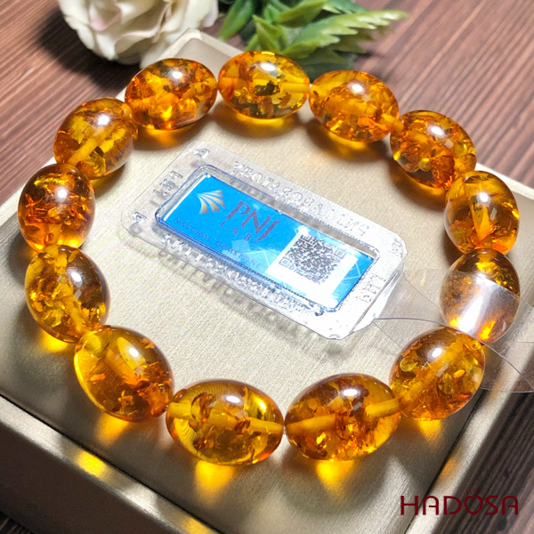 Vòng Hổ Phách Baltic vàng cognac hạt olive 11*14