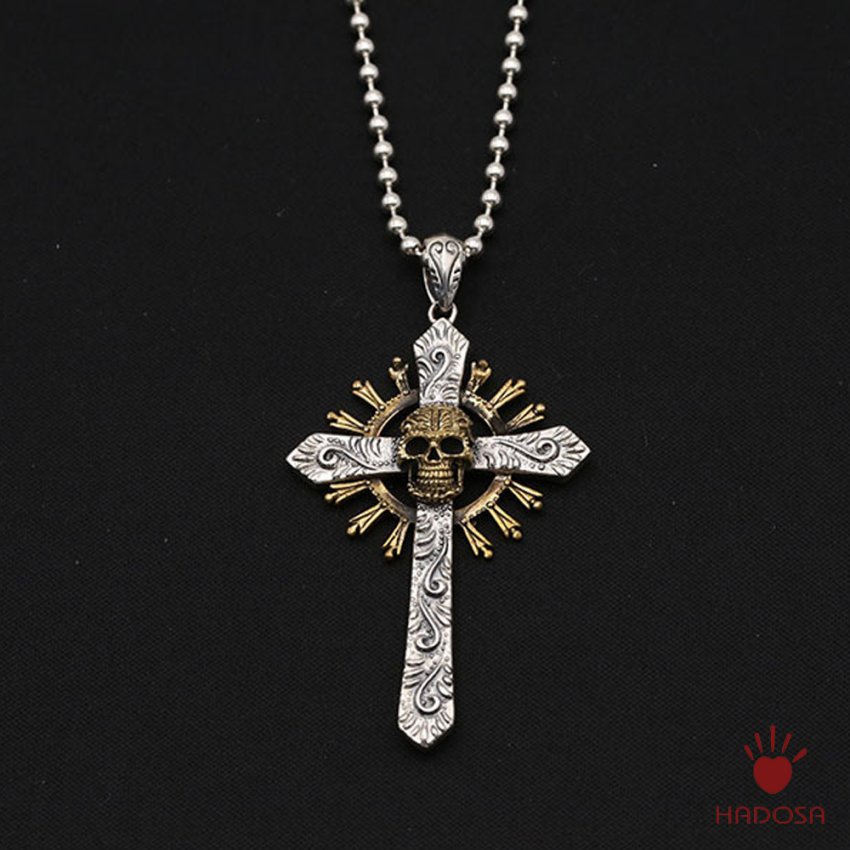 Mặt Dây Chuyền Nam Bạc Thái Thánh Giá Đầu Lâu Hào Quang