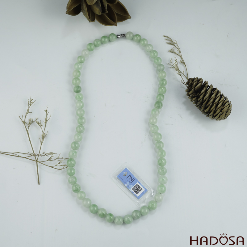 Vòng cổ cẩm thạch xanh tươi 10mm phớt trắng 55cm