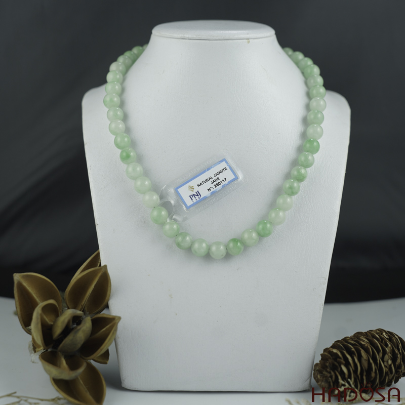 Vòng cổ cẩm thạch xanh tươi 10mm phớt trắng 55cm