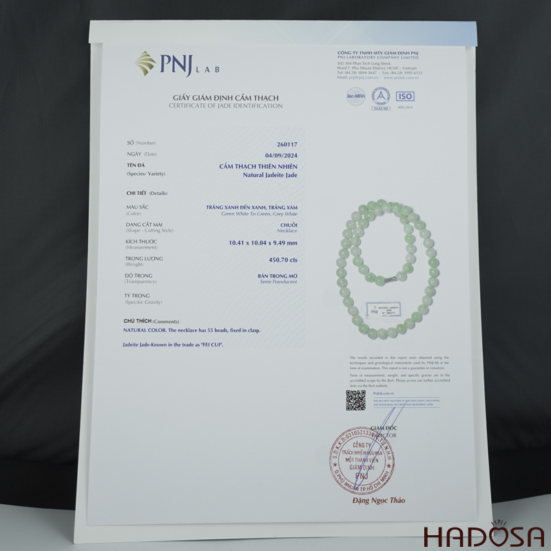 Vòng cổ cẩm thạch xanh tươi 10mm phớt trắng 55cm