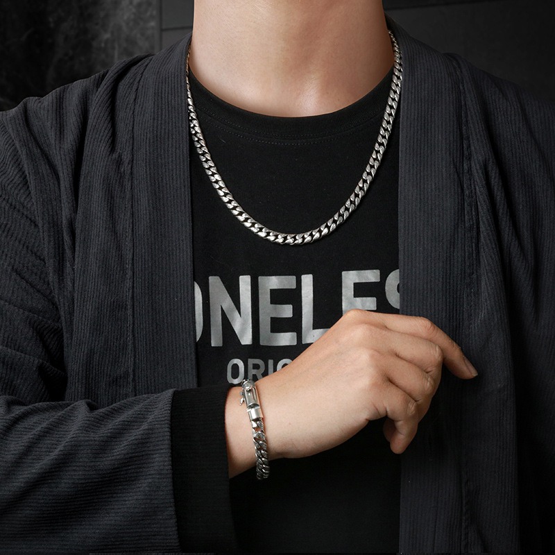 Dây Chuyền Nam Bạc Thái Kiểu Cuban Dạng Dẹt