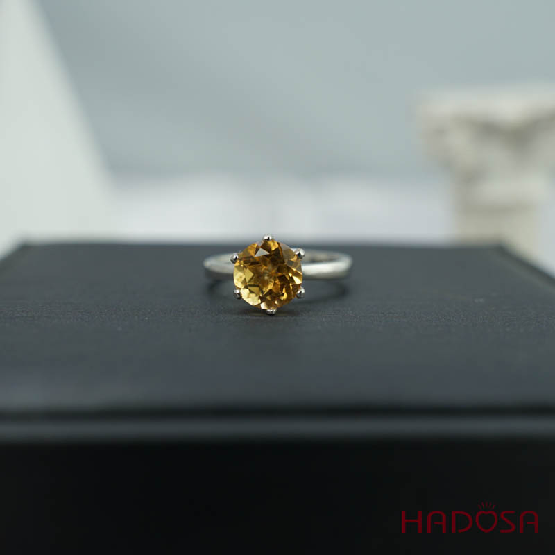 Nhẫn bạc 925 Thạch anh vàng cắt giác 8mm
