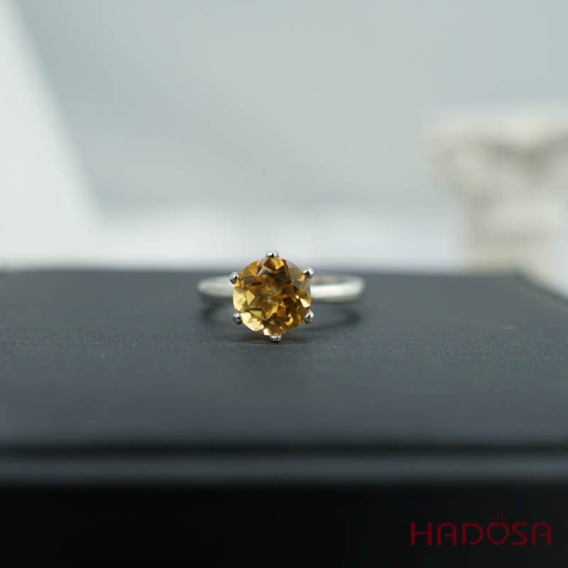 Nhẫn bạc 925 Thạch anh vàng cắt giác 8mm