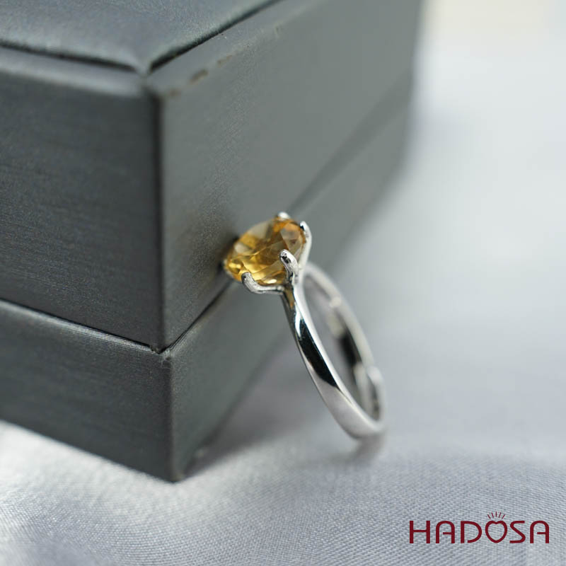 Nhẫn bạc 925 Thạch anh vàng cắt giác 8mm
