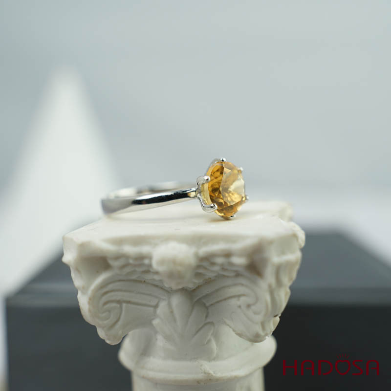 Nhẫn bạc 925 Thạch anh vàng cắt giác 8mm