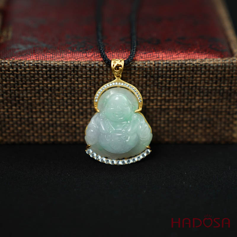 Mặt Di Lặc Cẩm Thạch xanh lí 33x27mm bạc mạ vàng