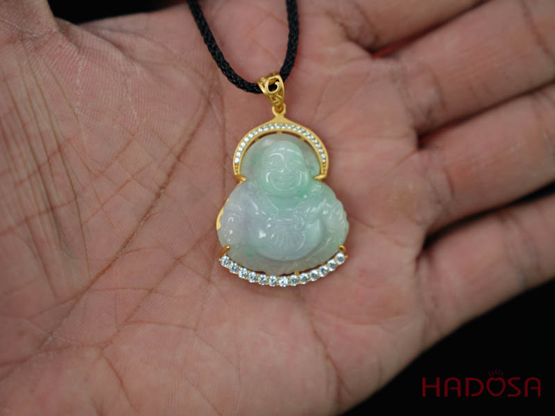 Mặt Di Lặc Cẩm Thạch xanh lí 33x27mm bạc mạ vàng