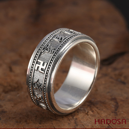 Nhẫn bạc Thái Om mani Padme hum xoay