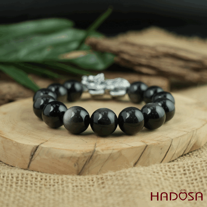 Vòng tay đá Obsidian-Hắc Diện Thạch ánh bạc 14mm mix charm bạc