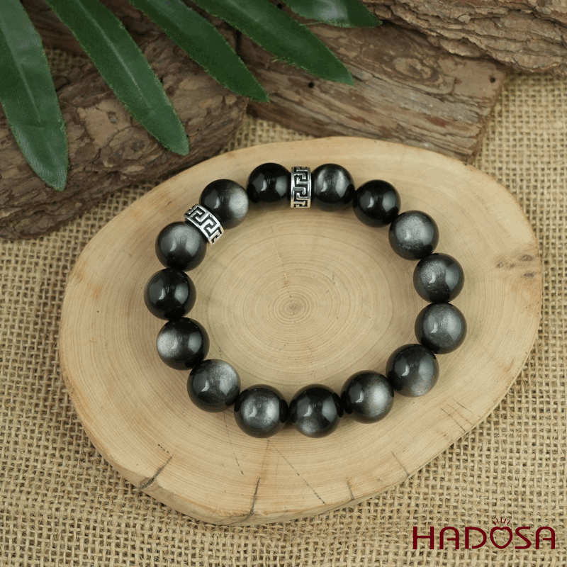 Vòng tay đá Obsidian-Hắc Diện Thạch ánh bạc 14mm mix charm bạc