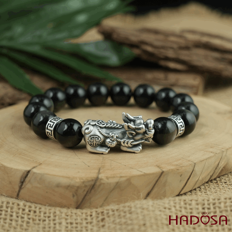 Vòng tay đá Obsidian-Hắc Diện Thạch ánh bạc 12mm mix tỳ hưu bạc