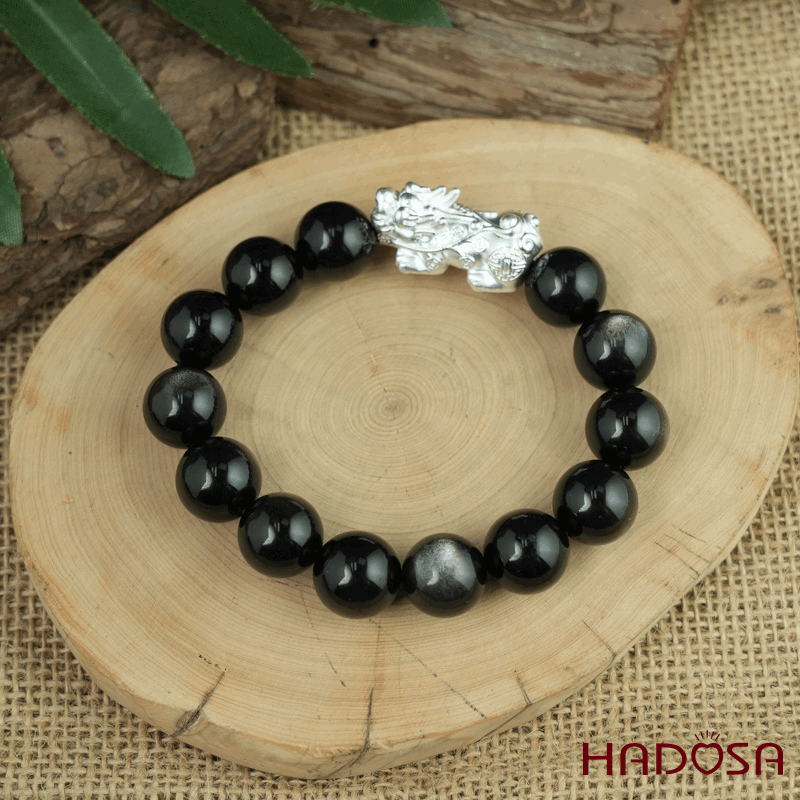 Vòng tay đá Obsidian-Hắc Diện Thạch ánh bạc 14mm mix tỳ hưu bạc