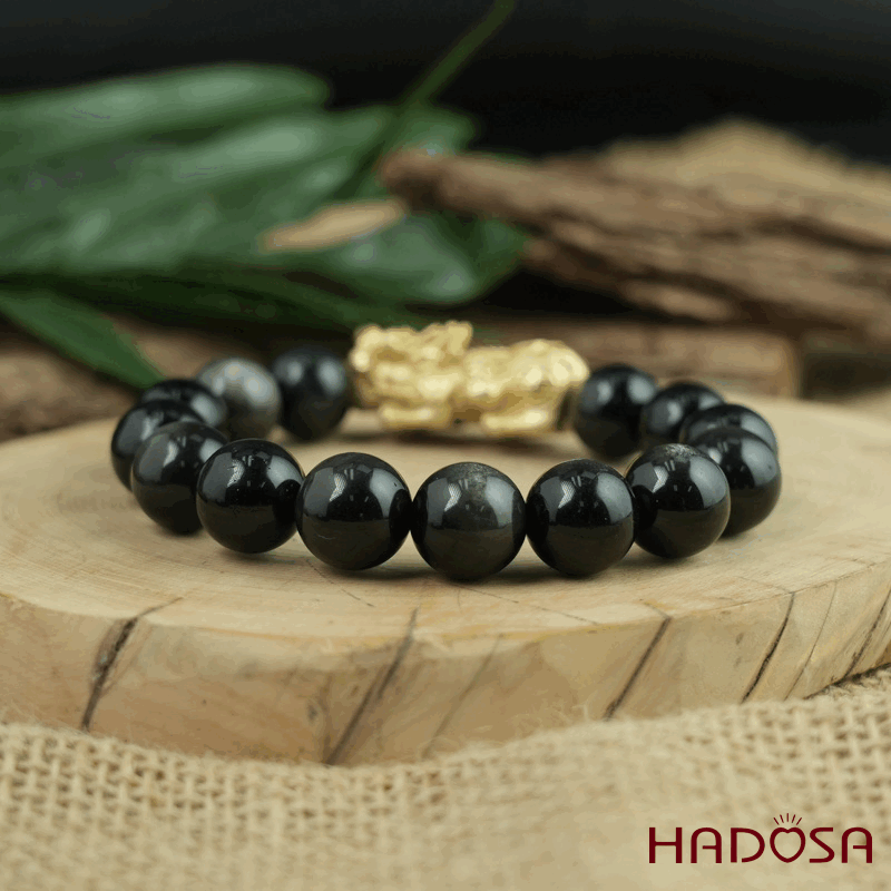 Vòng tay đá Obsidian-Hắc Diện Thạch ánh bạc 12mm mix tỳ hưu bạc mạ vàng