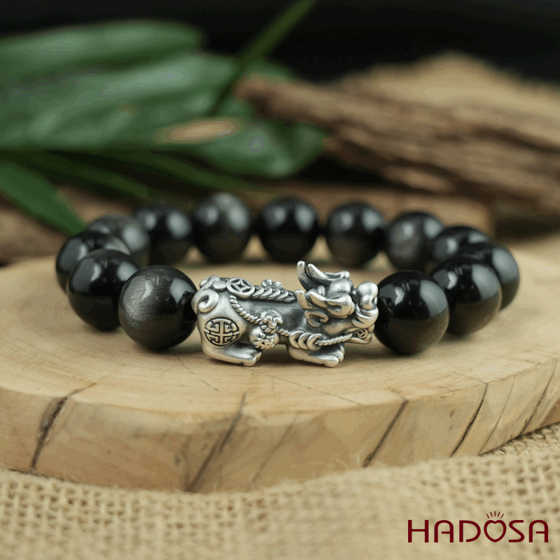 Vòng tay đá Obsidian-Hắc Diện Thạch ánh bạc 14mm mix charm bạc