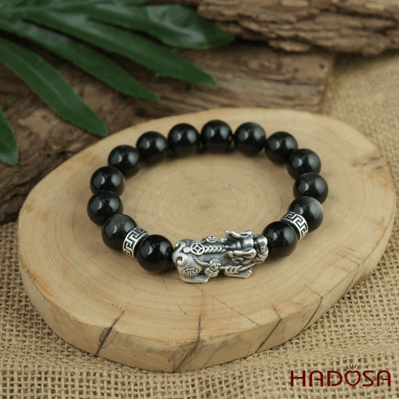 Vòng tay đá Obsidian-Hắc Diện Thạch ánh bạc 12mm mix tỳ hưu bạc