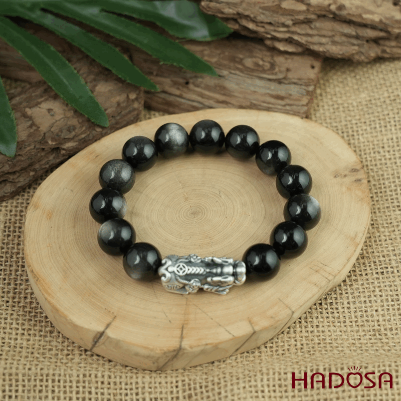 Vòng tay đá Obsidian-Hắc Diện Thạch ánh bạc 14mm mix charm bạc