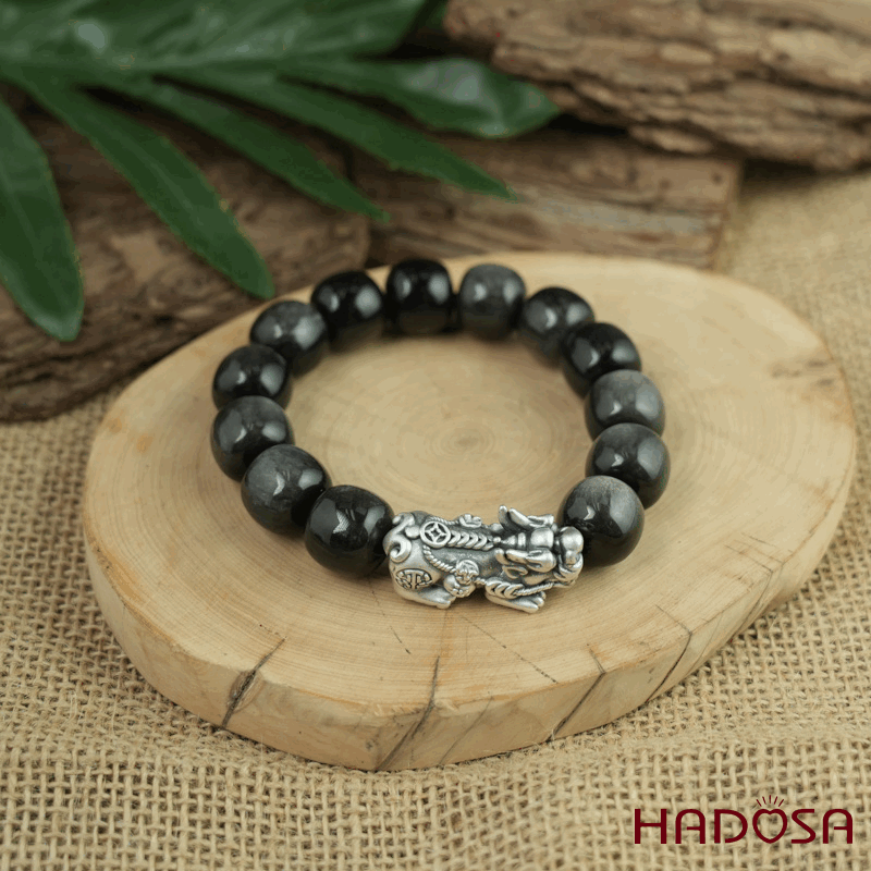 Vòng tay đá Obsidian-Hắc Diện Thạch ánh bạc hạt trụ 13x14mm mix tỳ hưu bạc