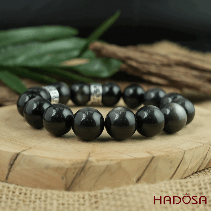 Vòng tay đá Obsidian-Hắc Diện Thạch ánh bạc 14mm mix charm bạc