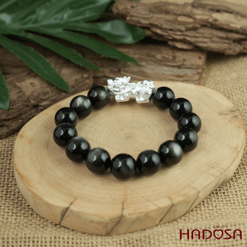 Vòng tay đá Obsidian-Hắc Diện Thạch ánh bạc 14mm mix tỳ hưu bạc