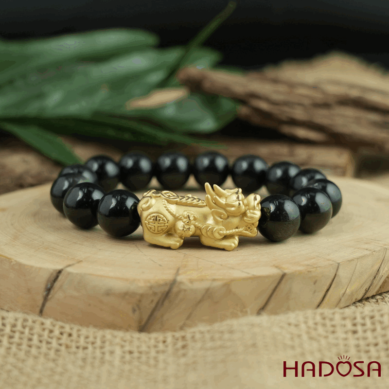 Vòng tay đá Obsidian-Hắc Diện Thạch ánh bạc 12mm mix tỳ hưu bạc mạ vàng