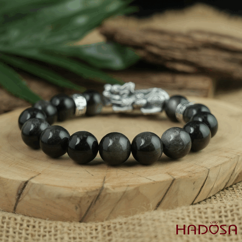 Vòng tay đá Obsidian-Hắc Diện Thạch ánh bạc 12mm mix tỳ hưu bạc