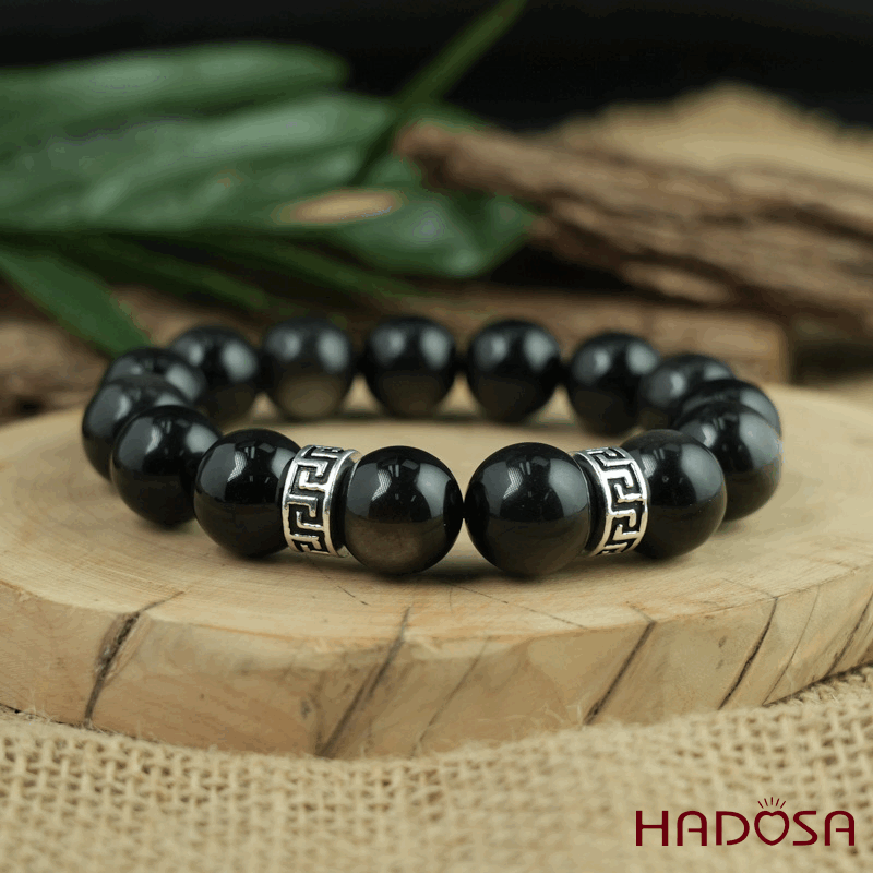 Vòng tay đá Obsidian-Hắc Diện Thạch ánh bạc 14mm mix charm bạc