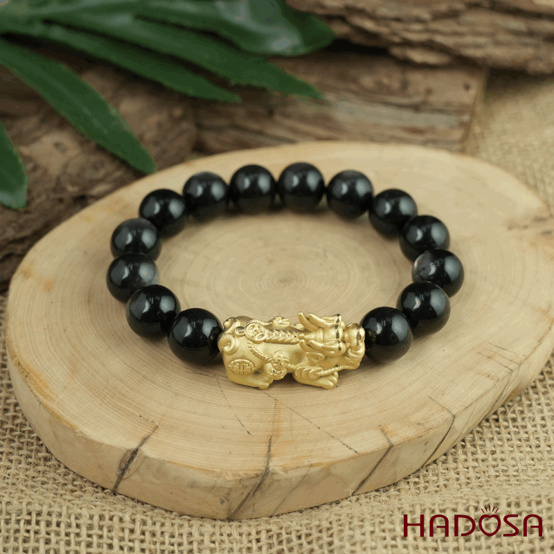 Vòng tay đá Obsidian-Hắc Diện Thạch ánh bạc 12mm mix tỳ hưu bạc mạ vàng