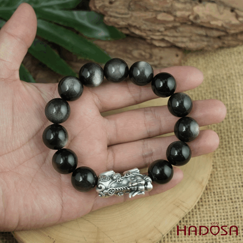 Vòng tay đá Obsidian-Hắc Diện Thạch ánh bạc 14mm mix charm bạc