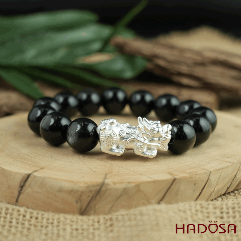 Vòng tay đá Obsidian-Hắc Diện Thạch ánh bạc 14mm mix tỳ hưu bạc