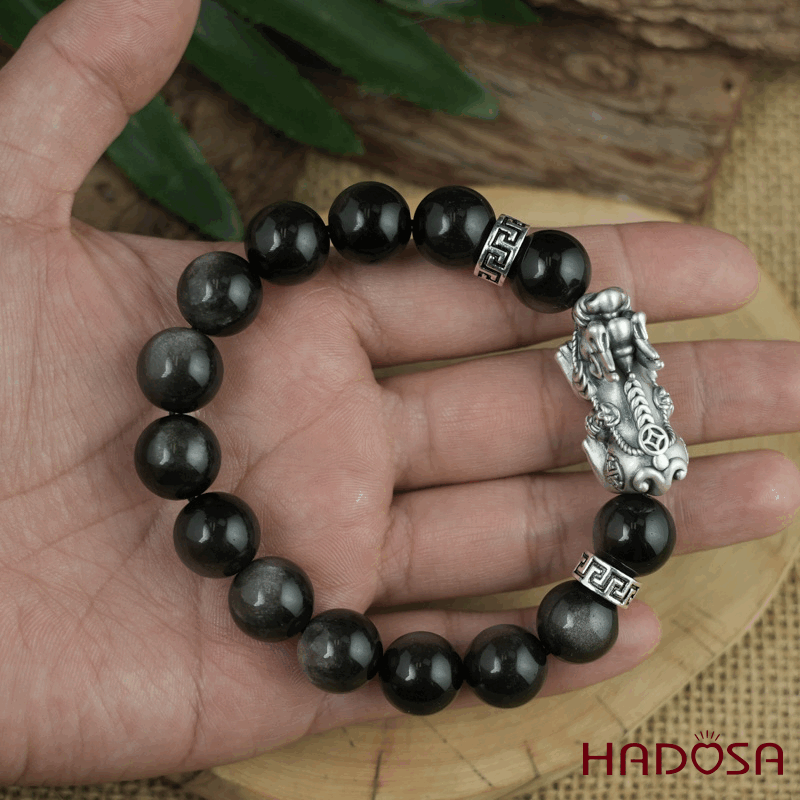 Vòng tay đá Obsidian-Hắc Diện Thạch ánh bạc 12mm mix tỳ hưu bạc