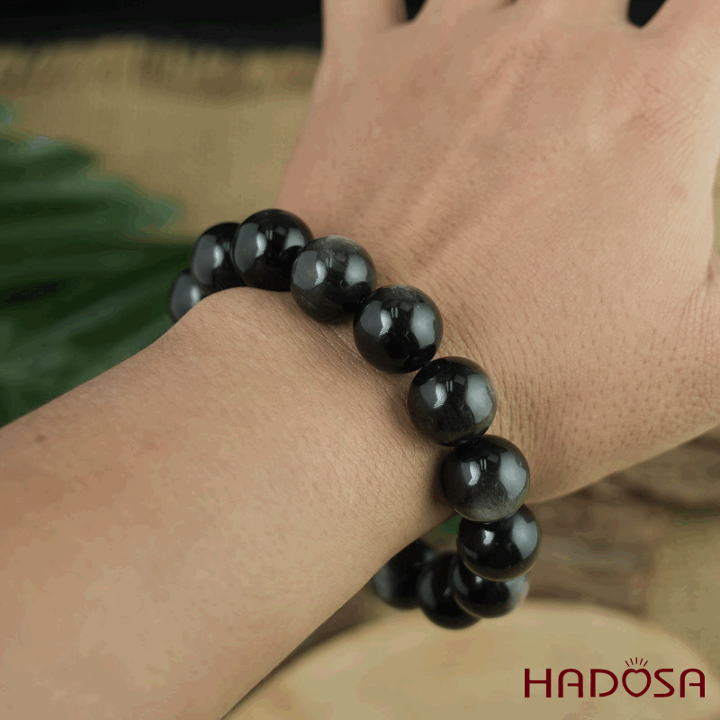 Vòng tay đá Obsidian-Hắc Diện Thạch ánh bạc 14mm mix charm bạc