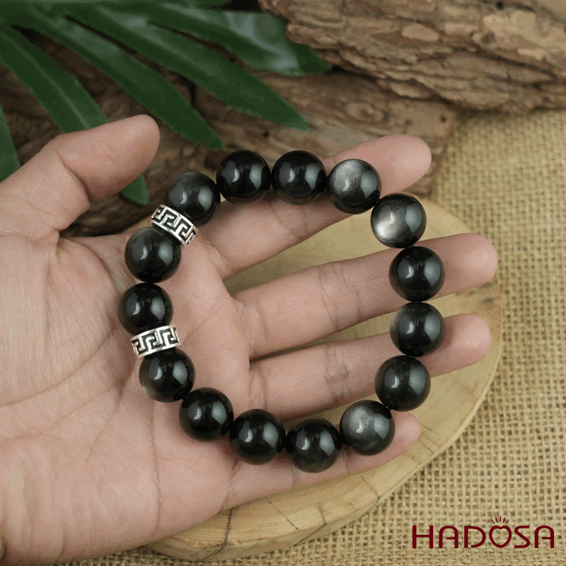 Vòng tay đá Obsidian-Hắc Diện Thạch ánh bạc 14mm mix charm bạc