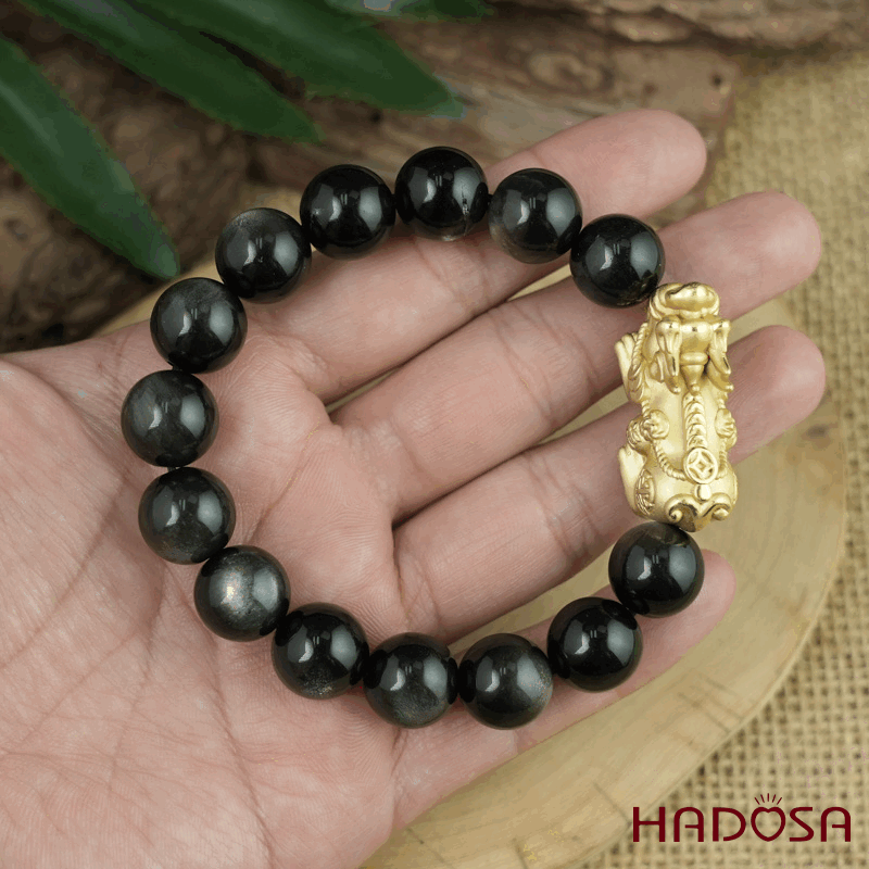 Vòng tay đá Obsidian-Hắc Diện Thạch ánh bạc 12mm mix tỳ hưu bạc mạ vàng