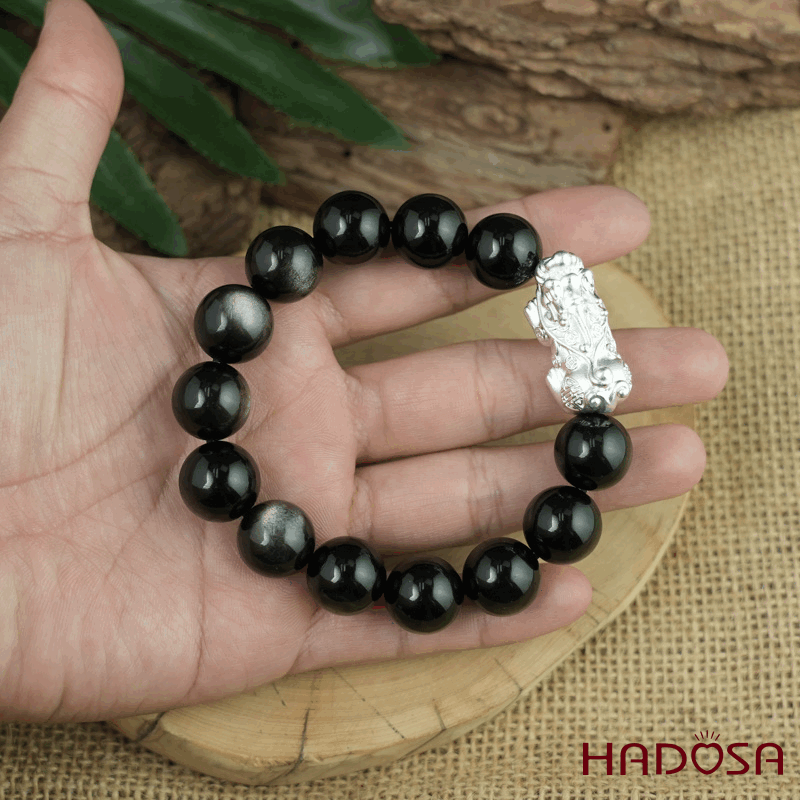 Vòng tay đá Obsidian-Hắc Diện Thạch ánh bạc 14mm mix tỳ hưu bạc